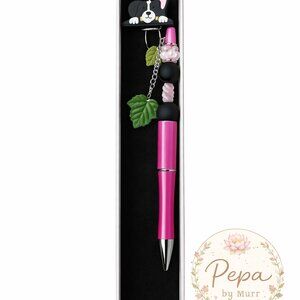 Handcrafted Pink Pen with Dog Pendant & Leaf Accents